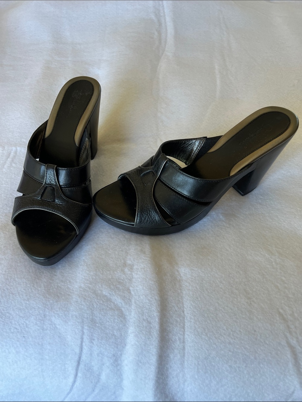 Cole Haan Black Leather Open-Toe Block Heel Mules